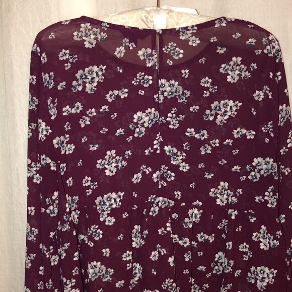 Aeropostale L Burgundy White Gray Blue Floral Baby Doll Long Bell Sleeve Blouse - Picture 8 of 16